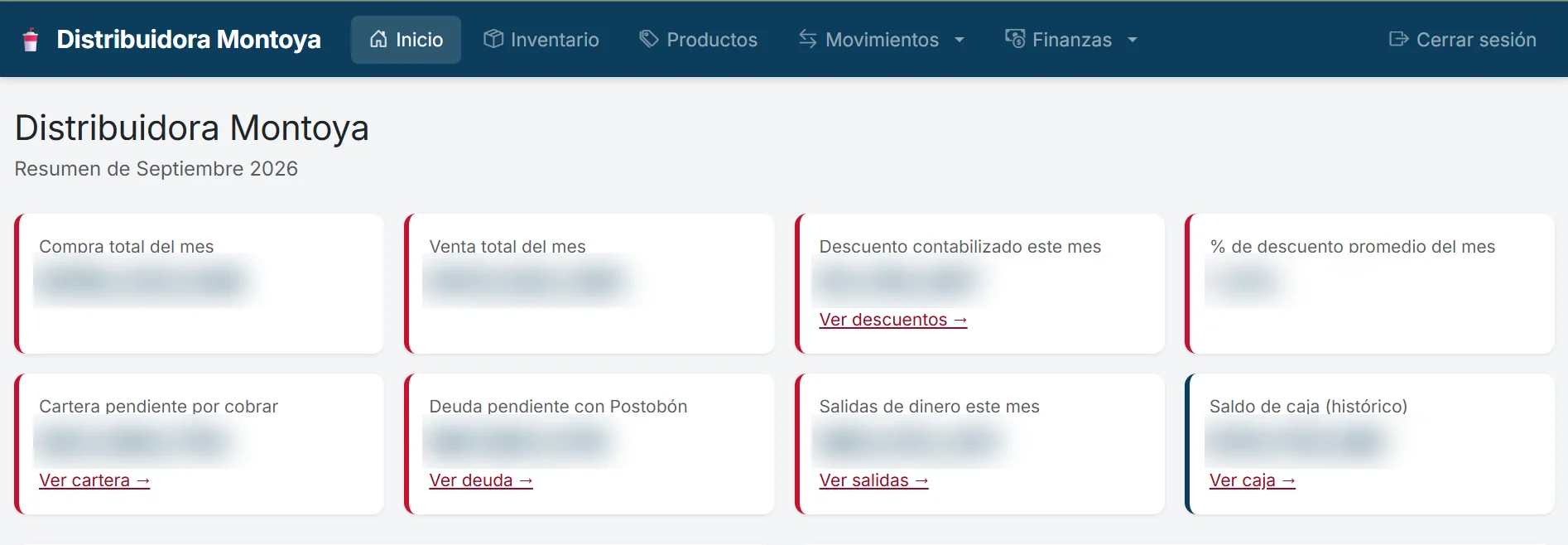 Panel del sistema de la distribuidora, con las cifras ocultas
